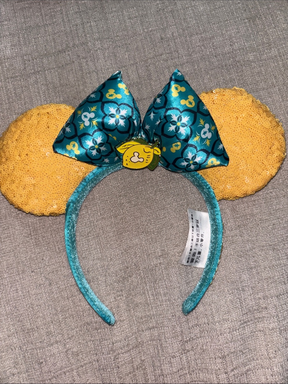 Disney Yellow Sequin & Teal Floral Bow Minnie Ears Headband